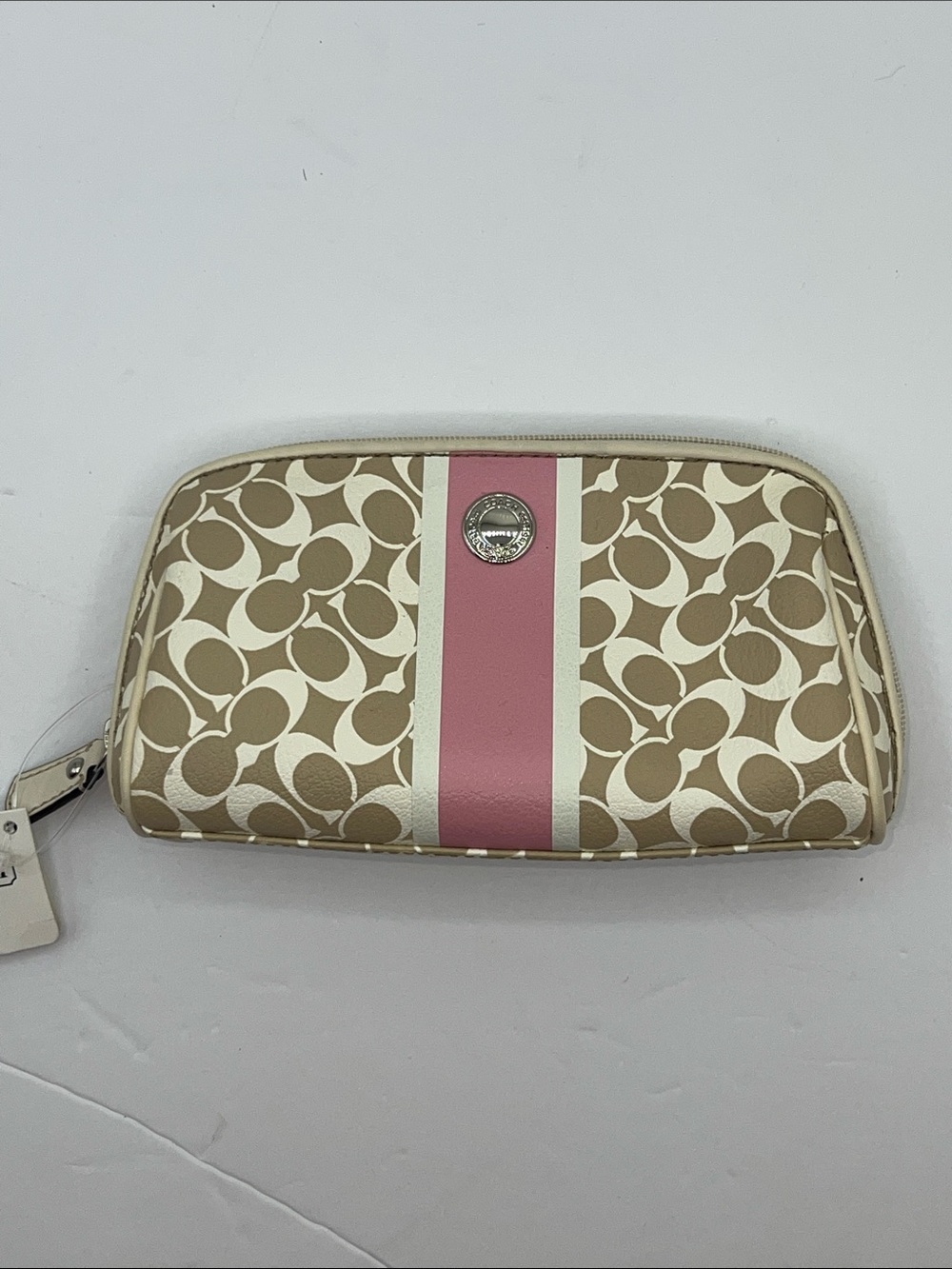 Coach Beige Signature Cosmetic Case with Pink Center Stripe